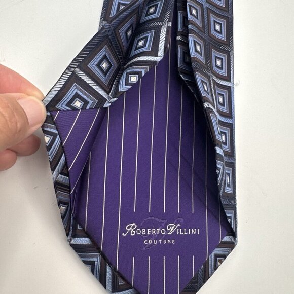 Roberto Villini Couture 7 Fold Purple Blue 100% Silk Tie Hand Made Modern Career - Picture 3 of 8